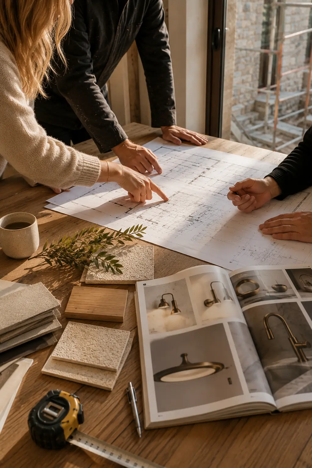 Échange autour des plans d’un projet d’architecture et choix des matériaux