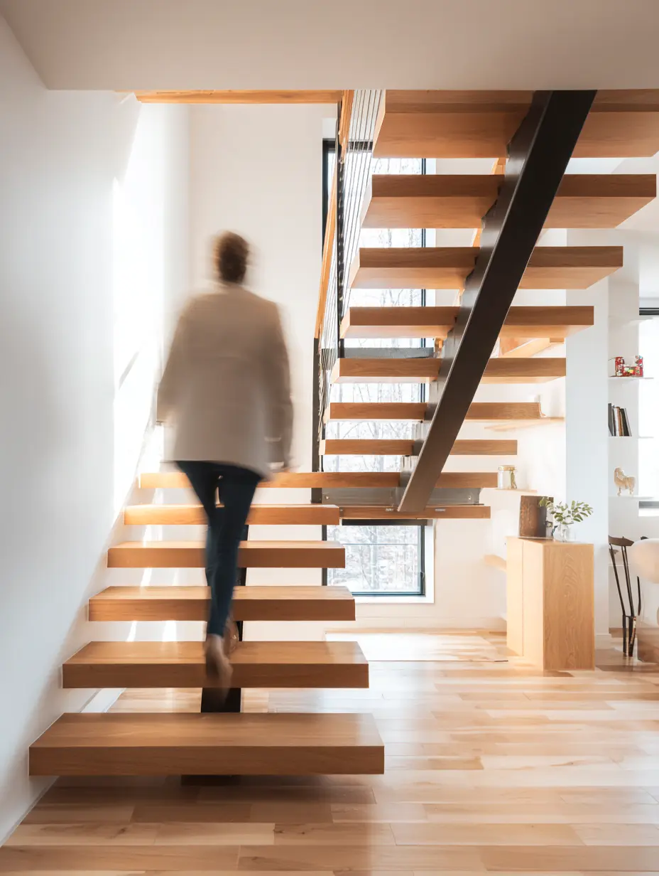 Escalier contemporain en bois et métal dans une maison lumineuse
