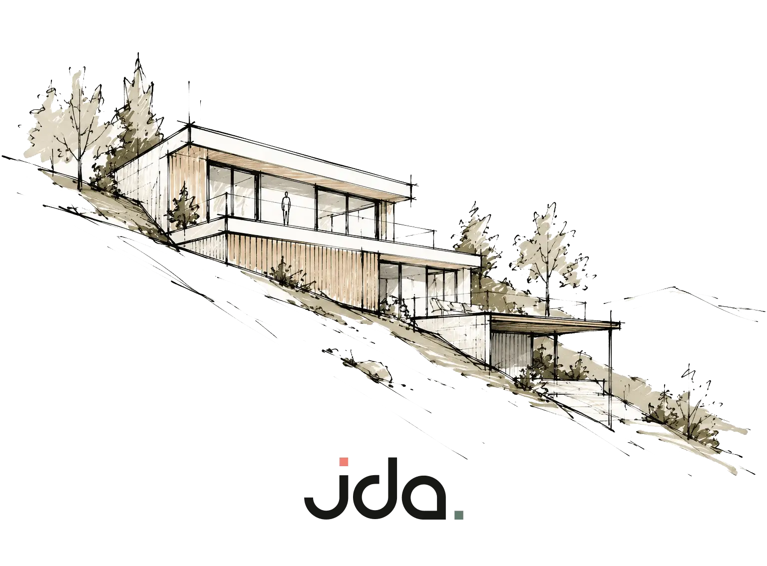 Esquisse architecturale d’une maison à flanc de montagne