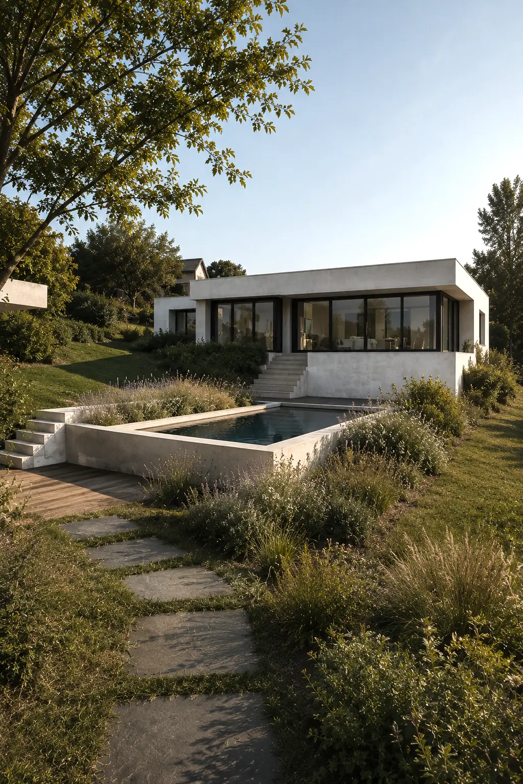 Maison contemporaine avec piscine intégrée dans un jardin paysager