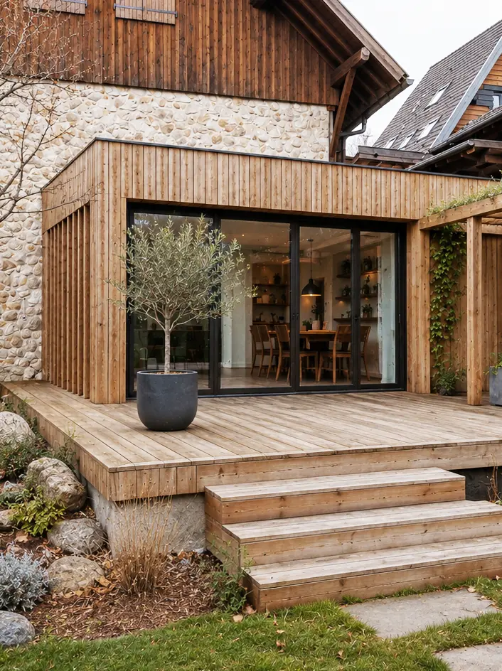 Extension contemporaine en bois avec baie vitrée et terrasse