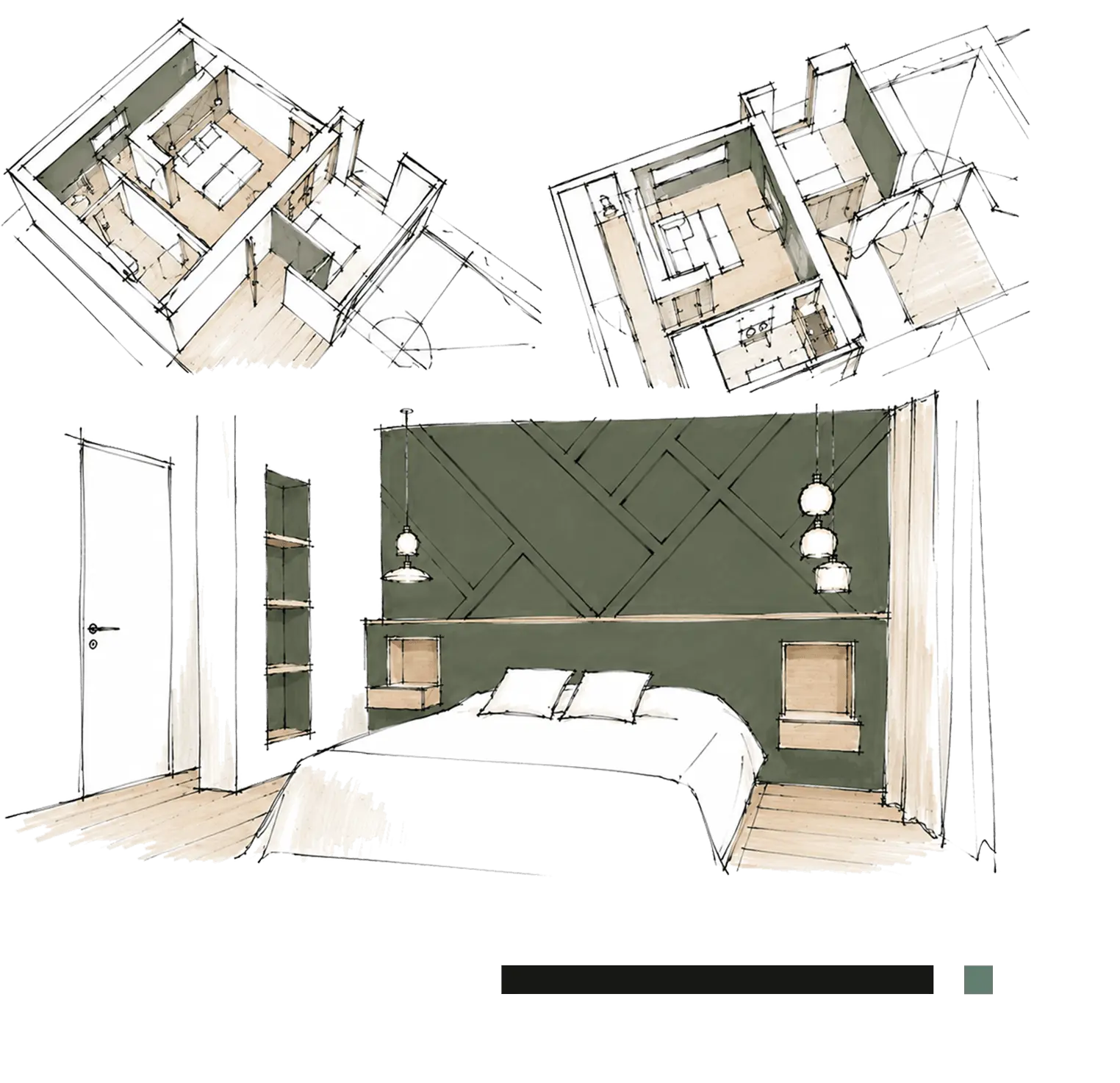 Esquisses d’aménagement intérieur d’une chambre avec plans en perspective