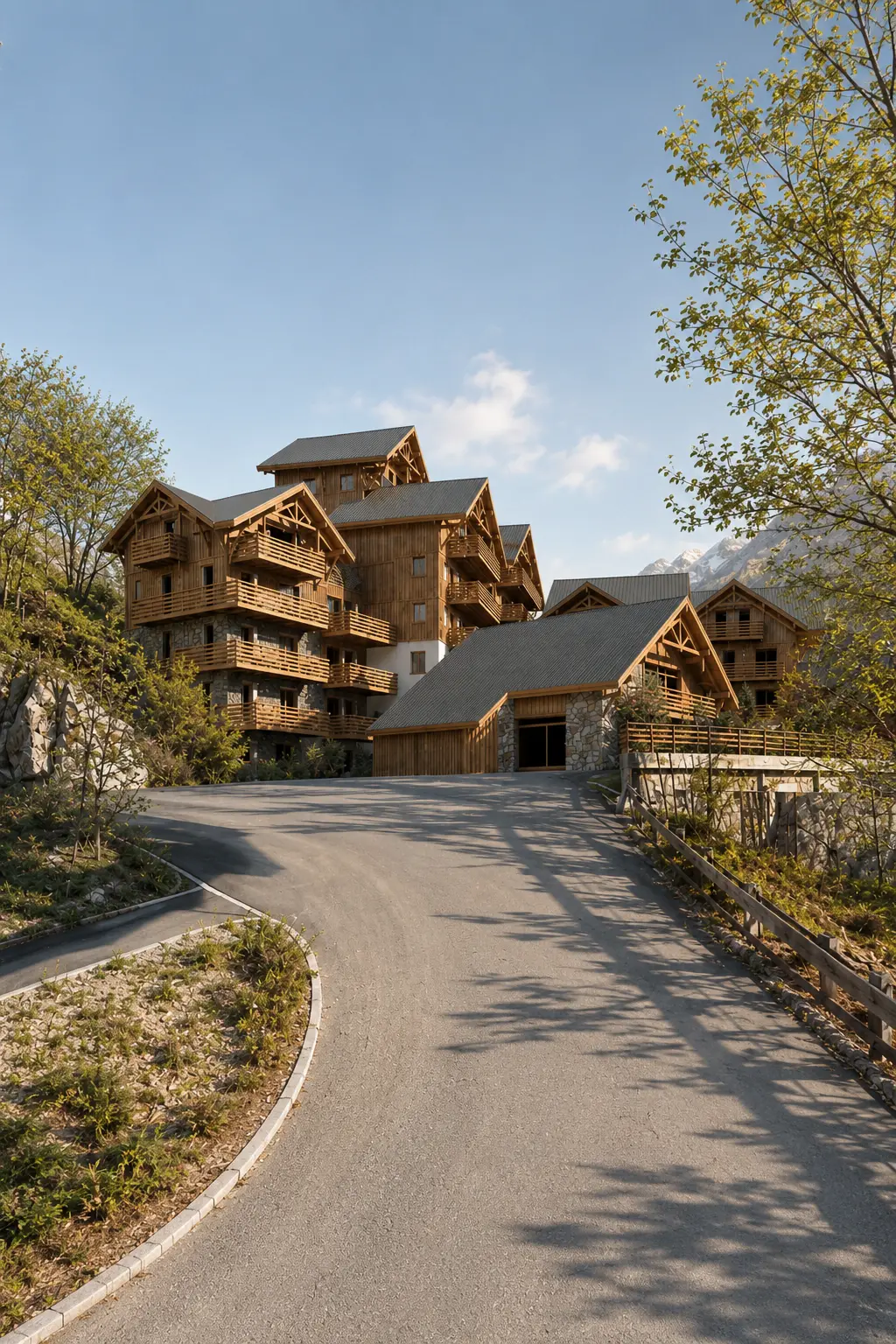 Résidence en bois de style chalet dans un environnement montagneux