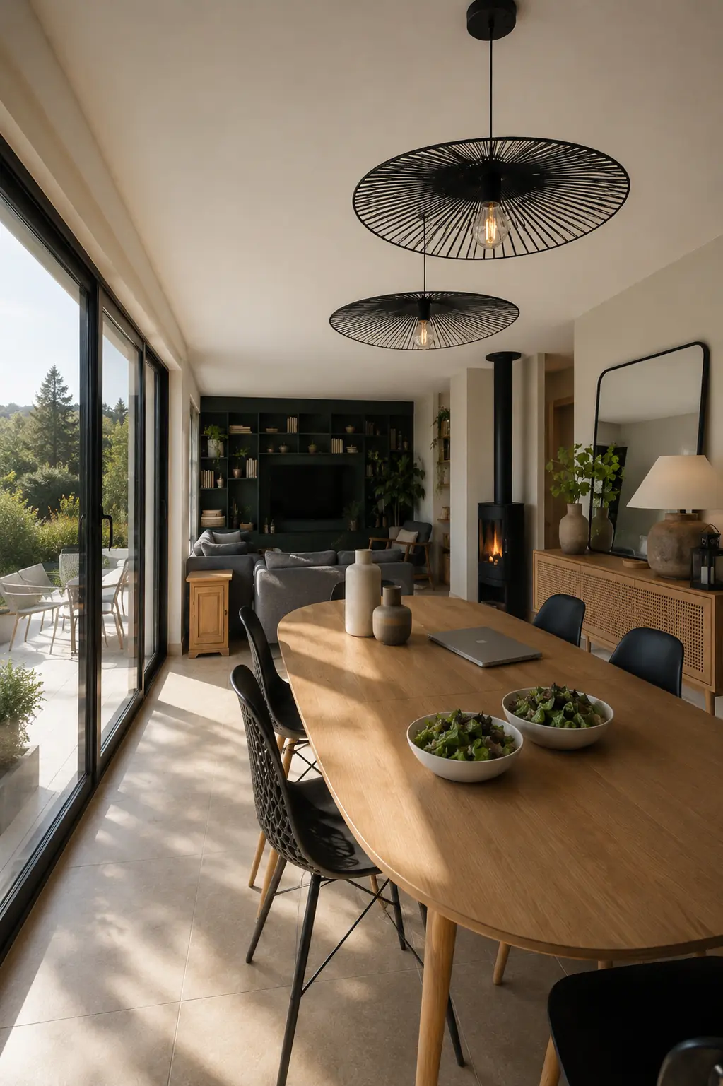 Salle à manger contemporaine avec grandes baies vitrées et poêle à bois