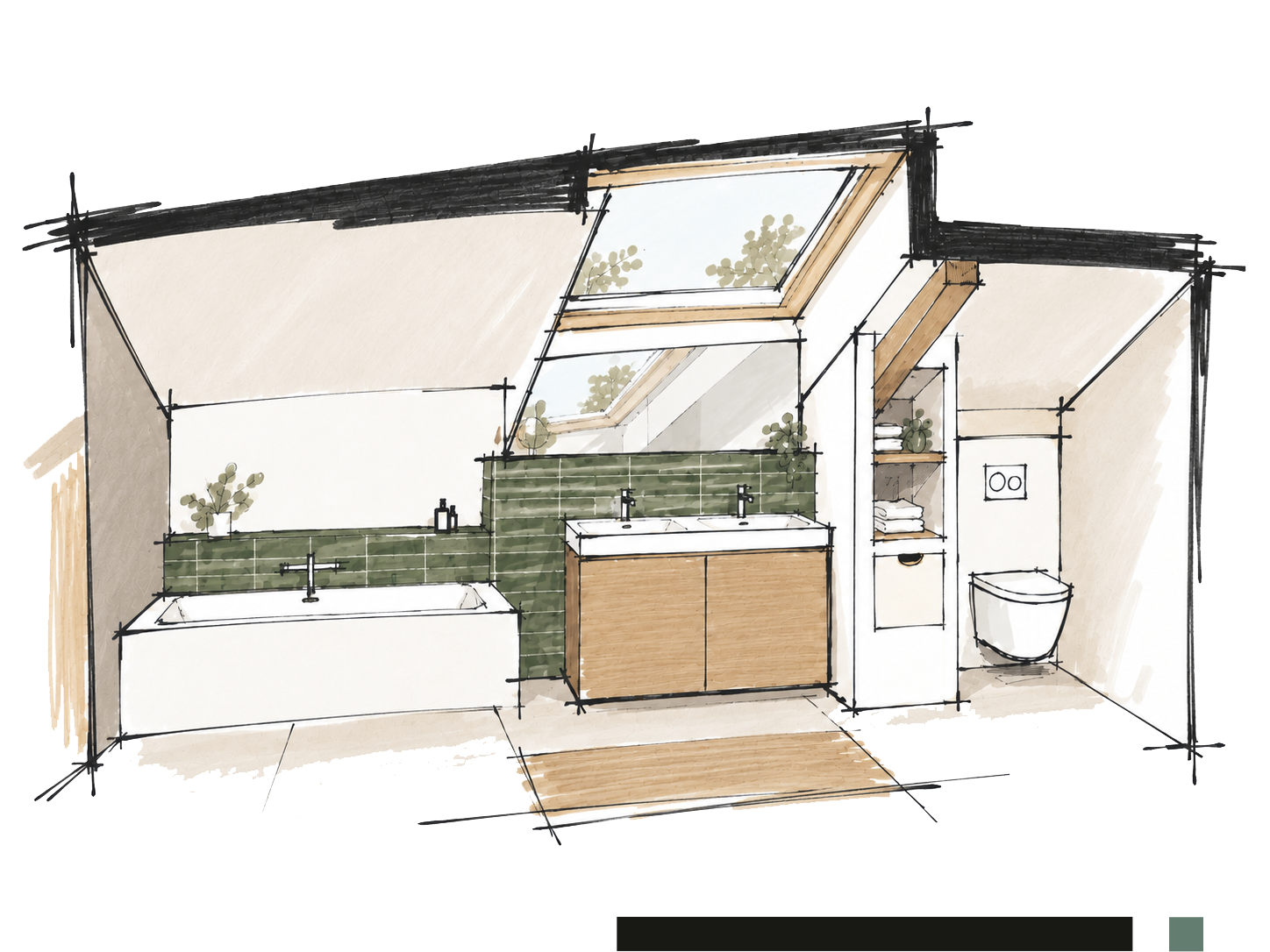 Esquisse d'aménagement d'une salle de bain sous comble - Maison le passage