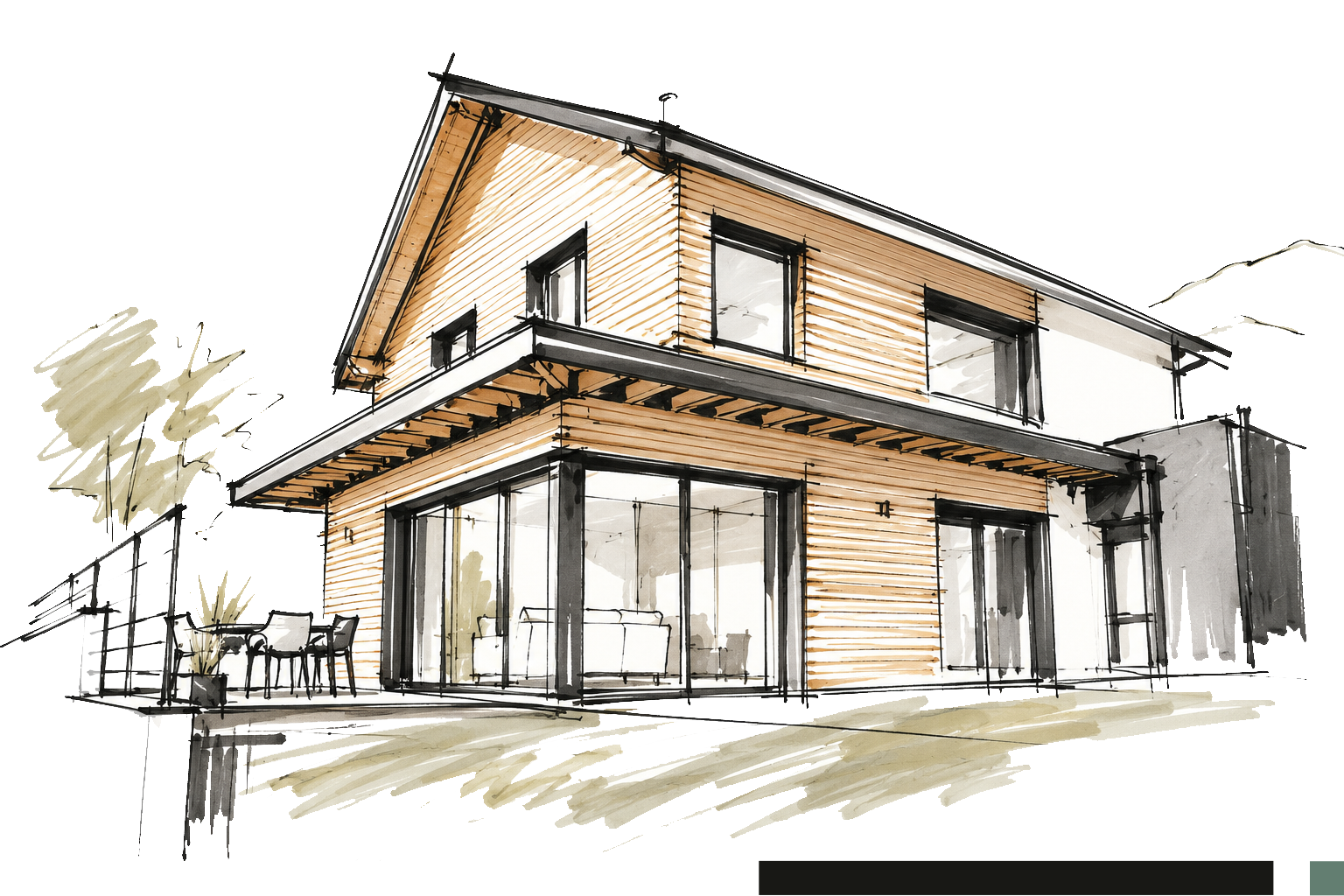 Esquisse d'une maison ossature bois contemporaine