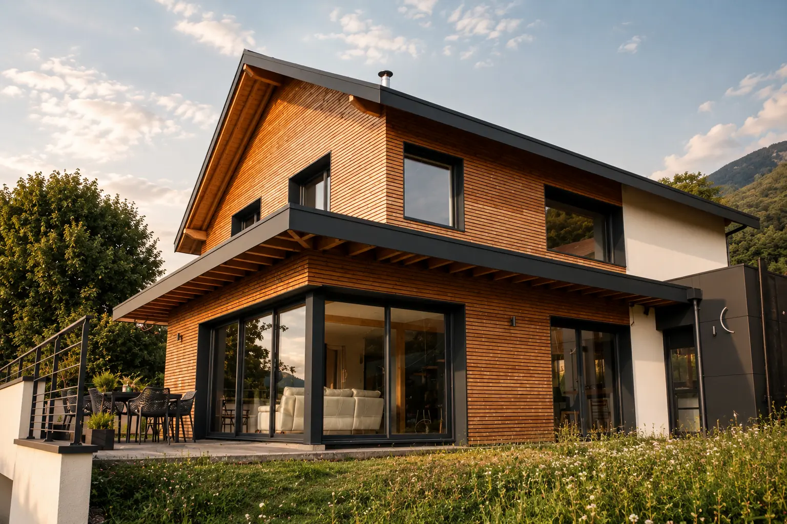Maison contemporaine à ossature bois avec bardage bois et larges baies vitrées